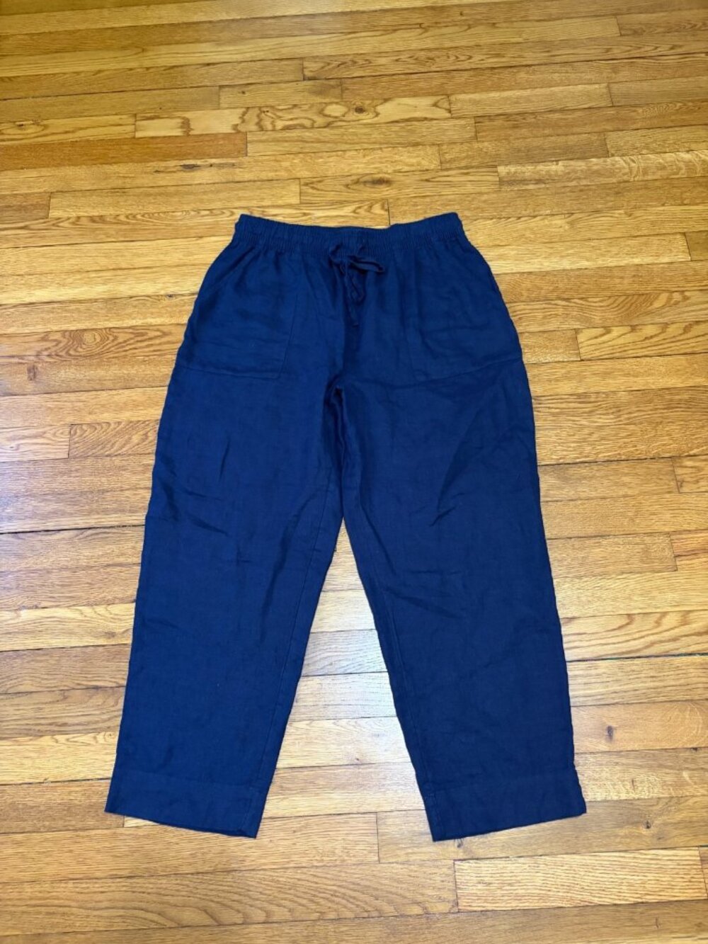 Sigrid Olsen Womens 100% Linen Cropped Pants Size Medium Navy Blue Elastic Waist